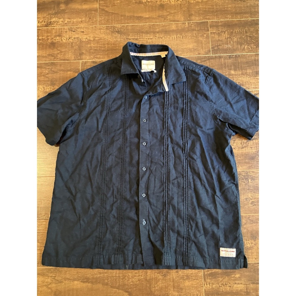 Scotch & Soda Amsterdam Men's Linen Blend Button Front Shirt Navy Blue XL